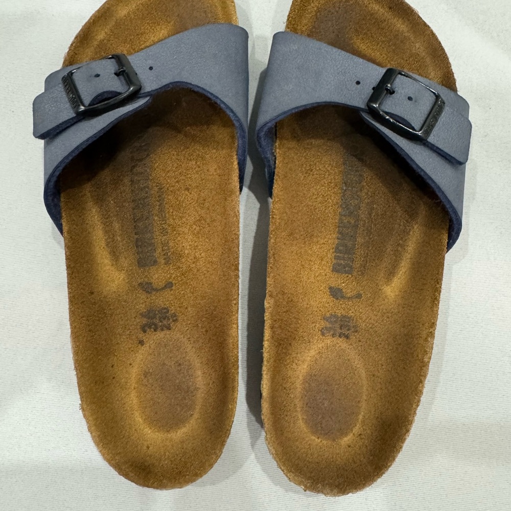 Birkenstock Single Strap Sandals in Navy Blue with Brown Footbed